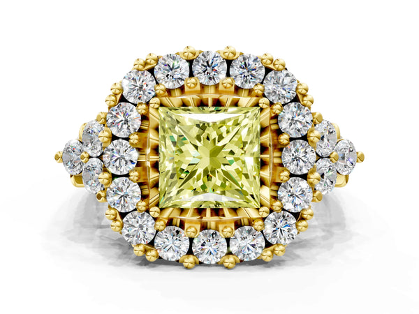 Yellow gold Fancy Yellow Princess Cut Diamond Halo Ring with Pavé Band and Four-Prong Setting