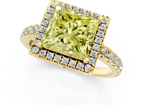 Yellow gold Fancy Yellow Princess Cut Diamond Halo Ring with Pavé Band and Four-Prong Setting_1