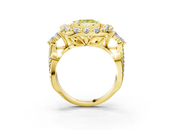 Yellow gold Fancy Yellow Princess Cut Diamond Halo Ring with Pavé Band and Four-Prong Setting