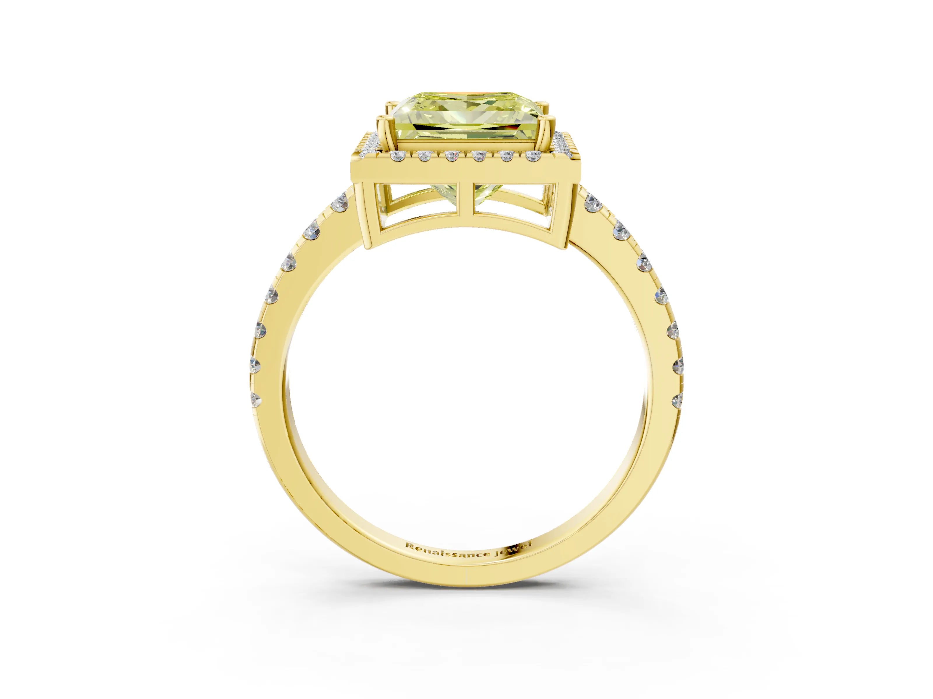Yellow gold Fancy Yellow Princess Cut Diamond Halo Ring with Pavé Band and Four-Prong Setting_3