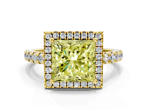 Yellow gold Fancy Yellow Princess Cut Diamond Halo Ring with Pavé Band and Four-Prong Setting