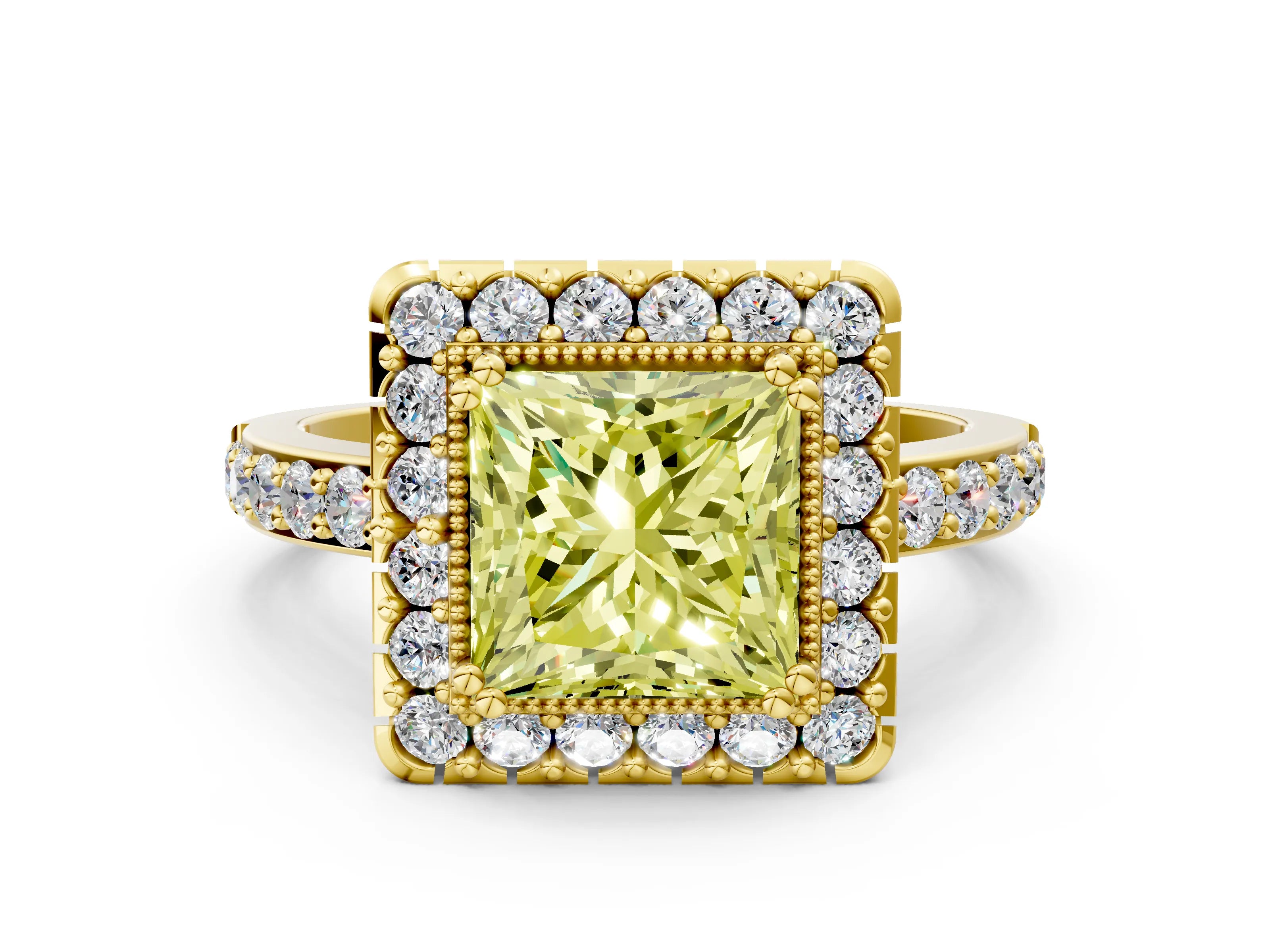 Yellow gold Fancy Yellow Princess Cut Diamond Halo Ring with Pavé Band and Prong Setting