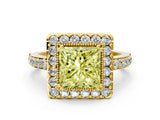 Yellow gold Fancy Yellow Princess Cut Diamond Halo Ring with Pavé Band and Prong Setting
