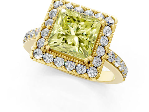 Yellow gold Fancy Yellow Princess Cut Diamond Halo Ring with Pavé Band and Prong Setting_1