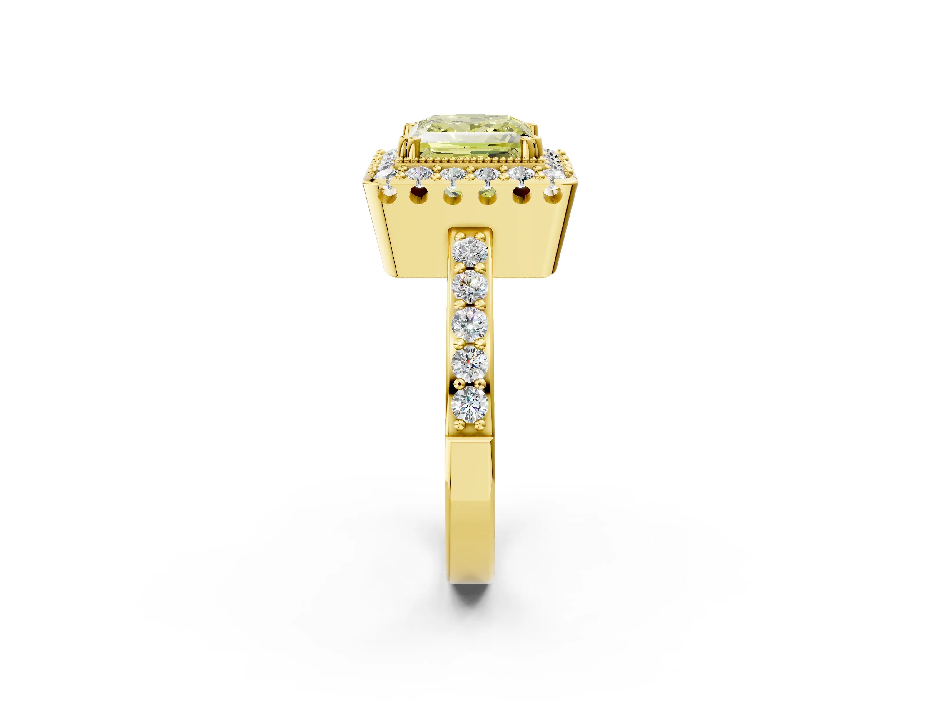 Yellow gold Fancy Yellow Princess Cut Diamond Halo Ring with Pavé Band and Prong Setting_2