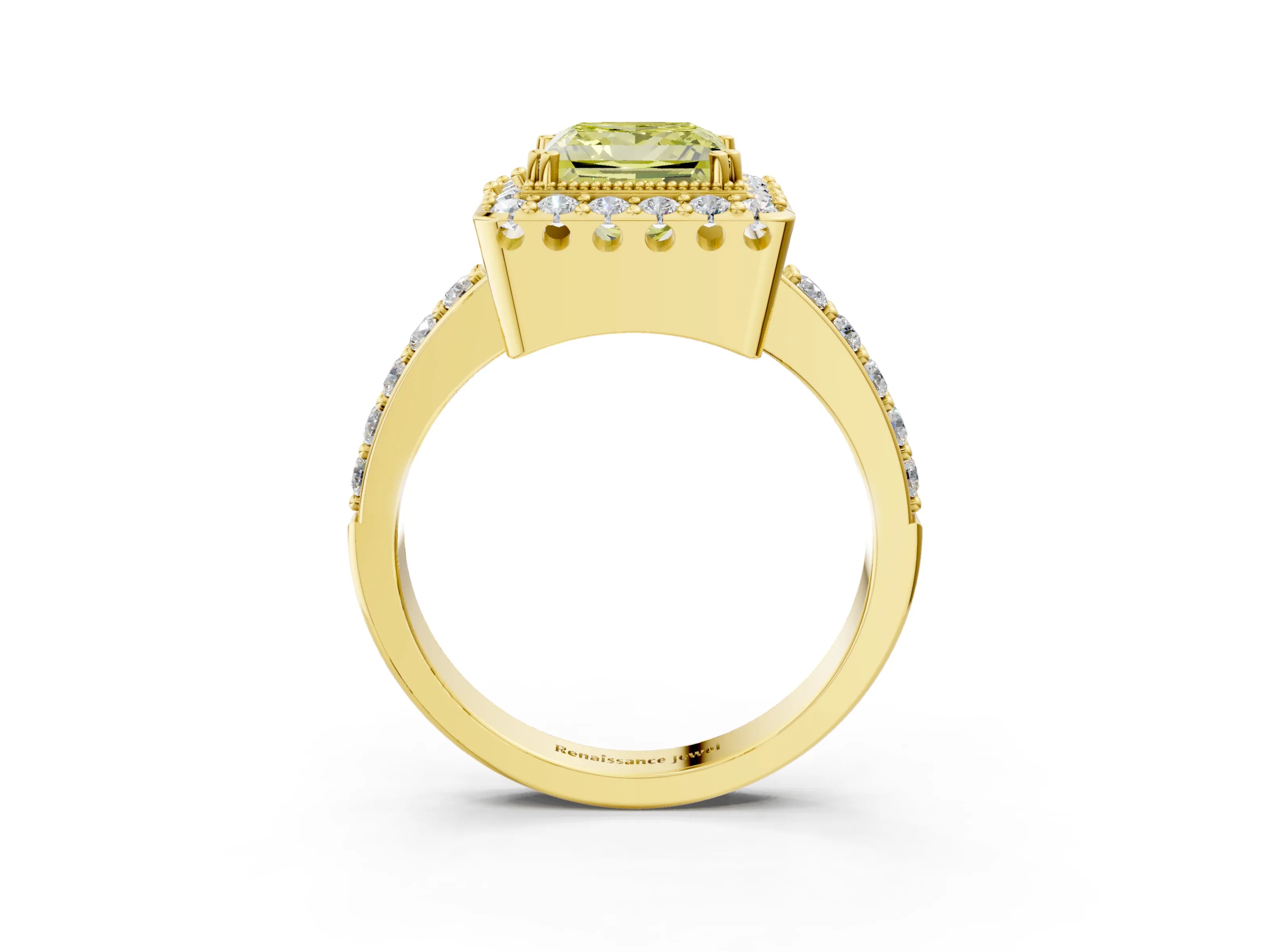 Yellow gold Fancy Yellow Princess Cut Diamond Halo Ring with Pavé Band and Prong Setting_3