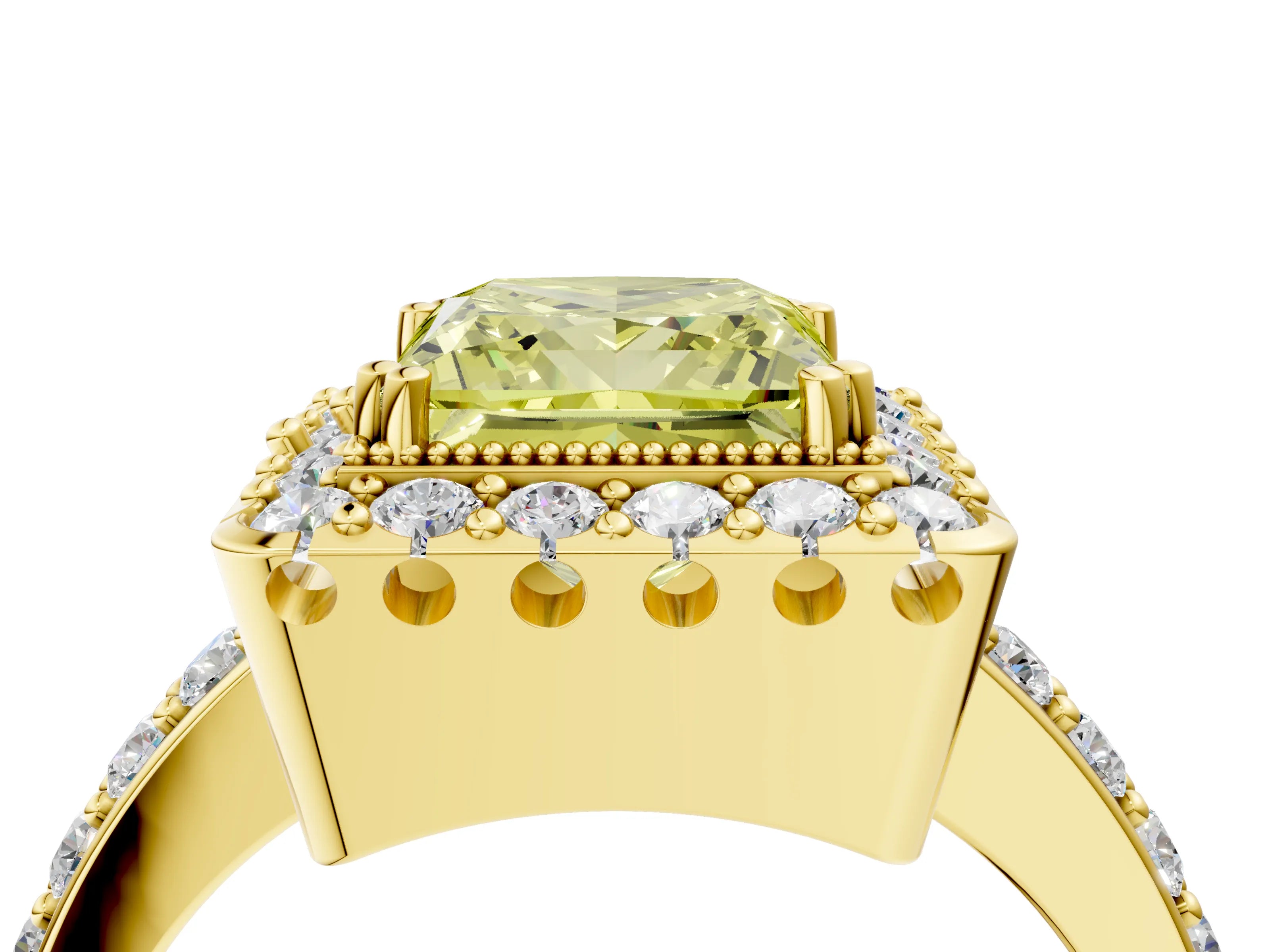 Yellow gold Fancy Yellow Princess Cut Diamond Halo Ring with Pavé Band and Prong Setting_4