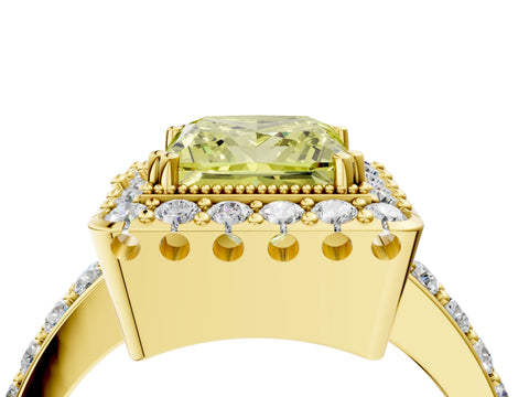 Yellow gold Fancy Yellow Princess Cut Diamond Halo Ring with Pavé Band and Prong Setting_4