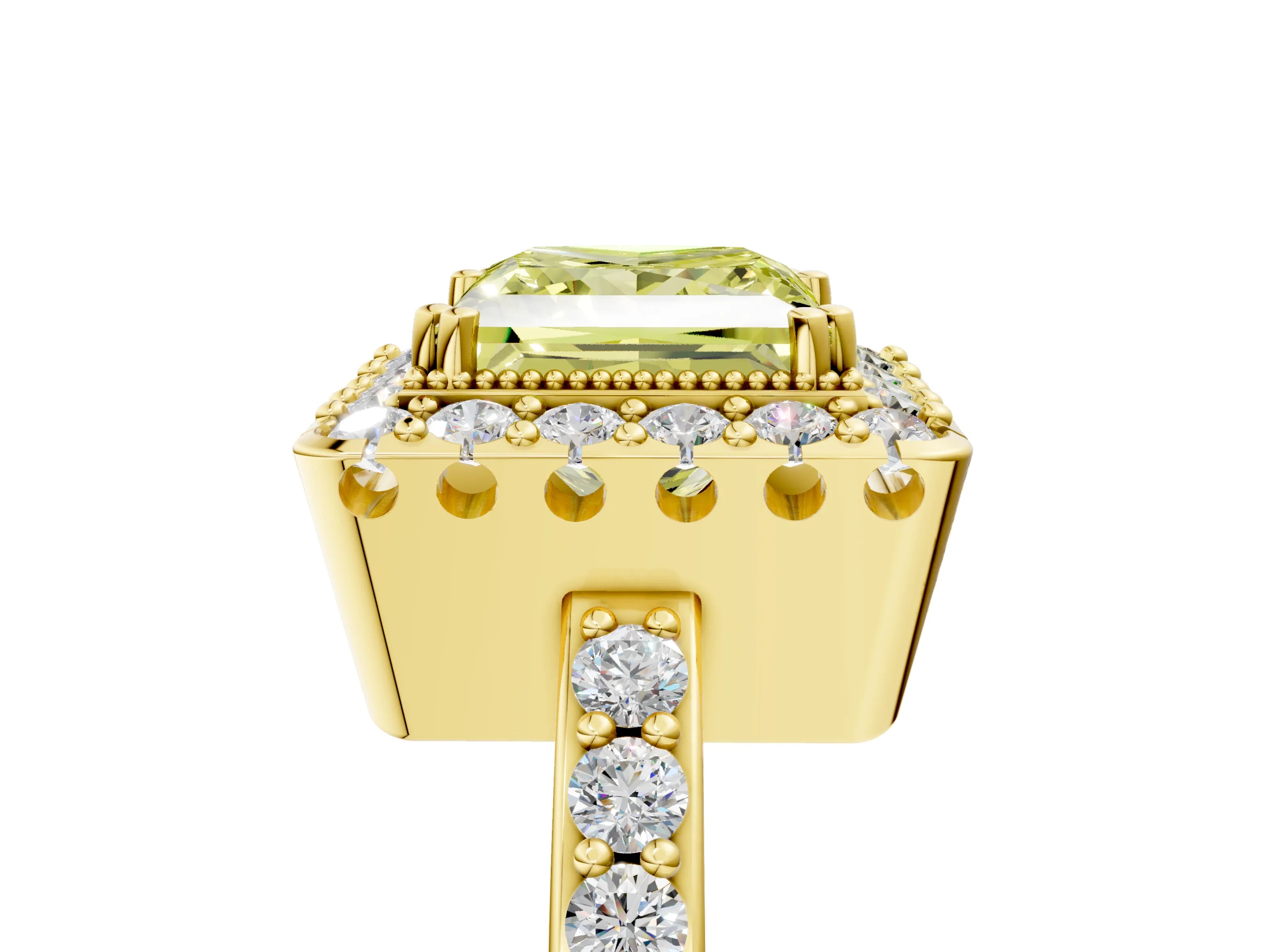 Yellow gold Fancy Yellow Princess Cut Diamond Halo Ring with Pavé Band and Prong Setting_5