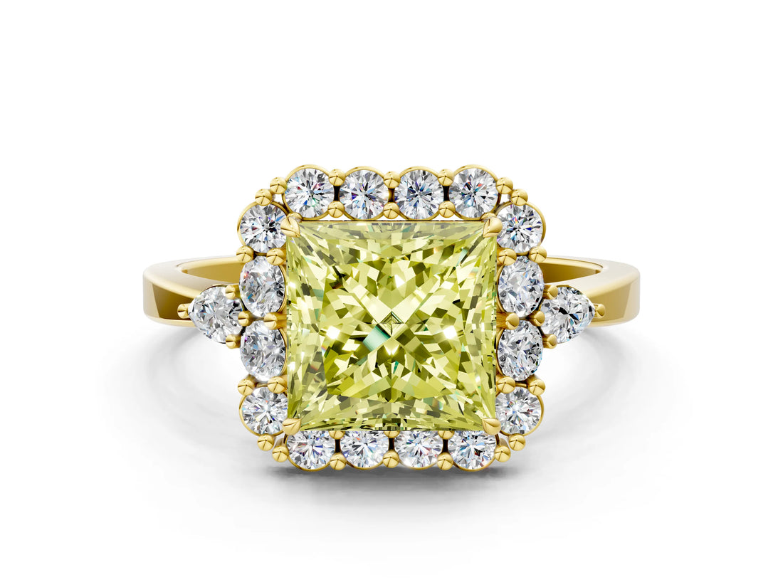 Yellow gold Fancy Yellow Princess Cut Diamond Halo Ring with Pear Side Stones and Prong Setting_17