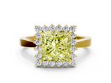 Yellow gold Fancy Yellow Princess  Cut Diamond Halo Ring with Round Brilliant Halo and Solitaire Band