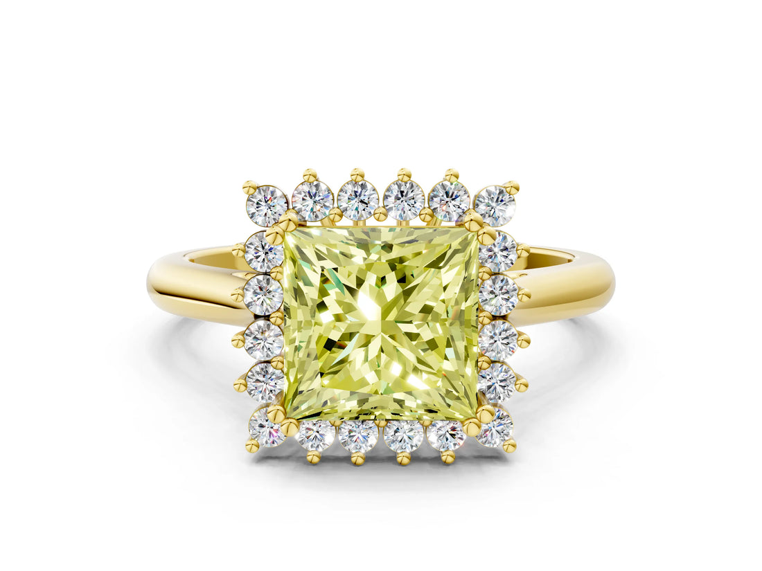 Yellow gold Fancy Yellow Princess  Cut Diamond Halo Ring with Solitaire Band and Prong Setting_29