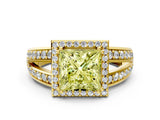 Yellow gold Fancy Yellow Princess Cut Diamond Halo Ring with Split Shank Pavé Band and Four-Prong Setting