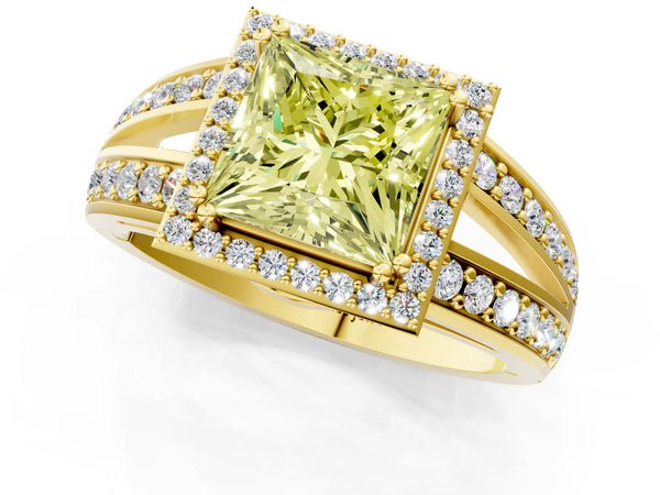 Yellow gold Fancy Yellow Princess Cut Diamond Halo Ring with Split Shank Pavé Band and Four-Prong Setting