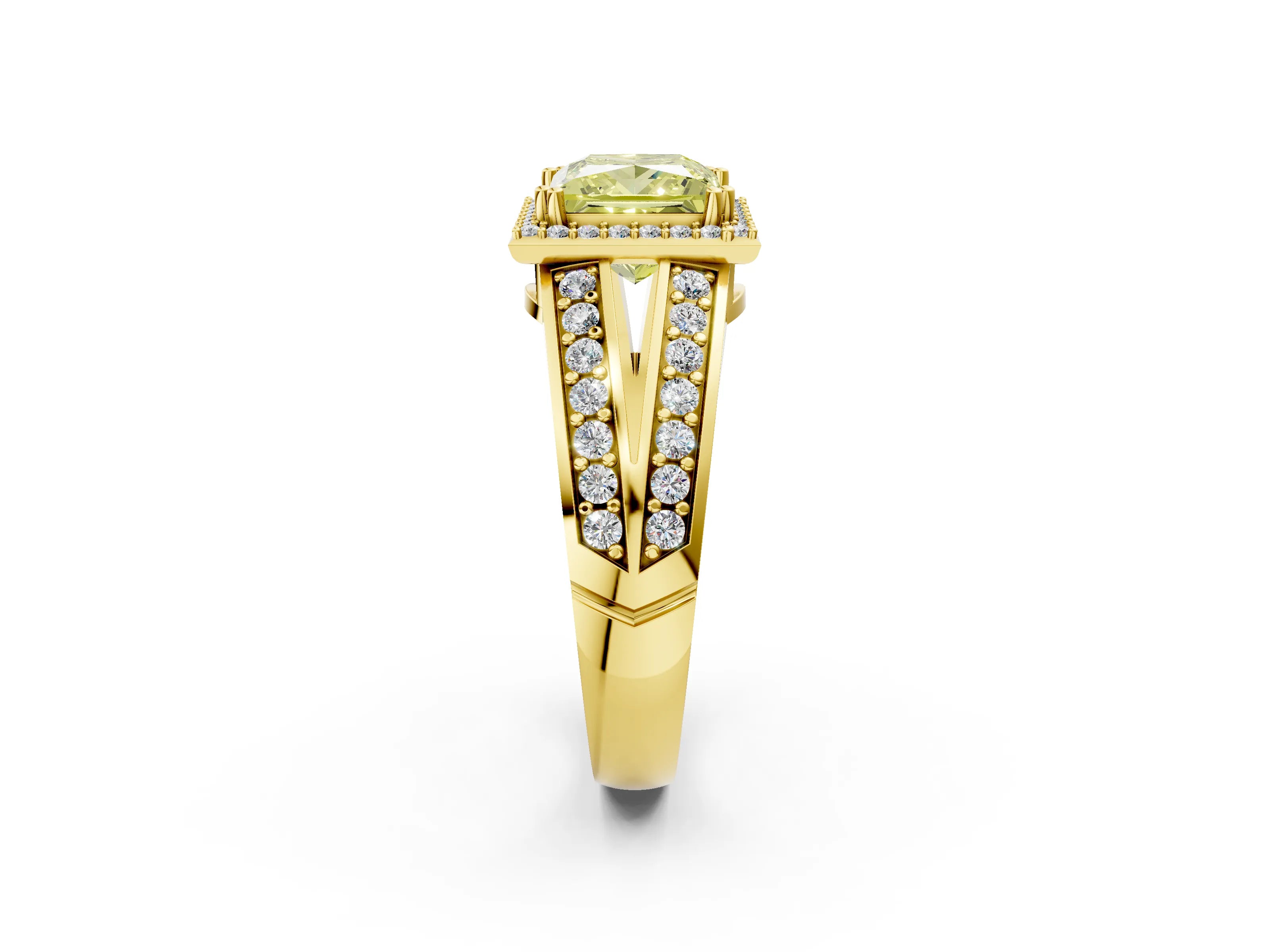 Yellow gold Fancy Yellow Princess Cut Diamond Halo Ring with Split Shank Pavé Band and Four-Prong Setting_2