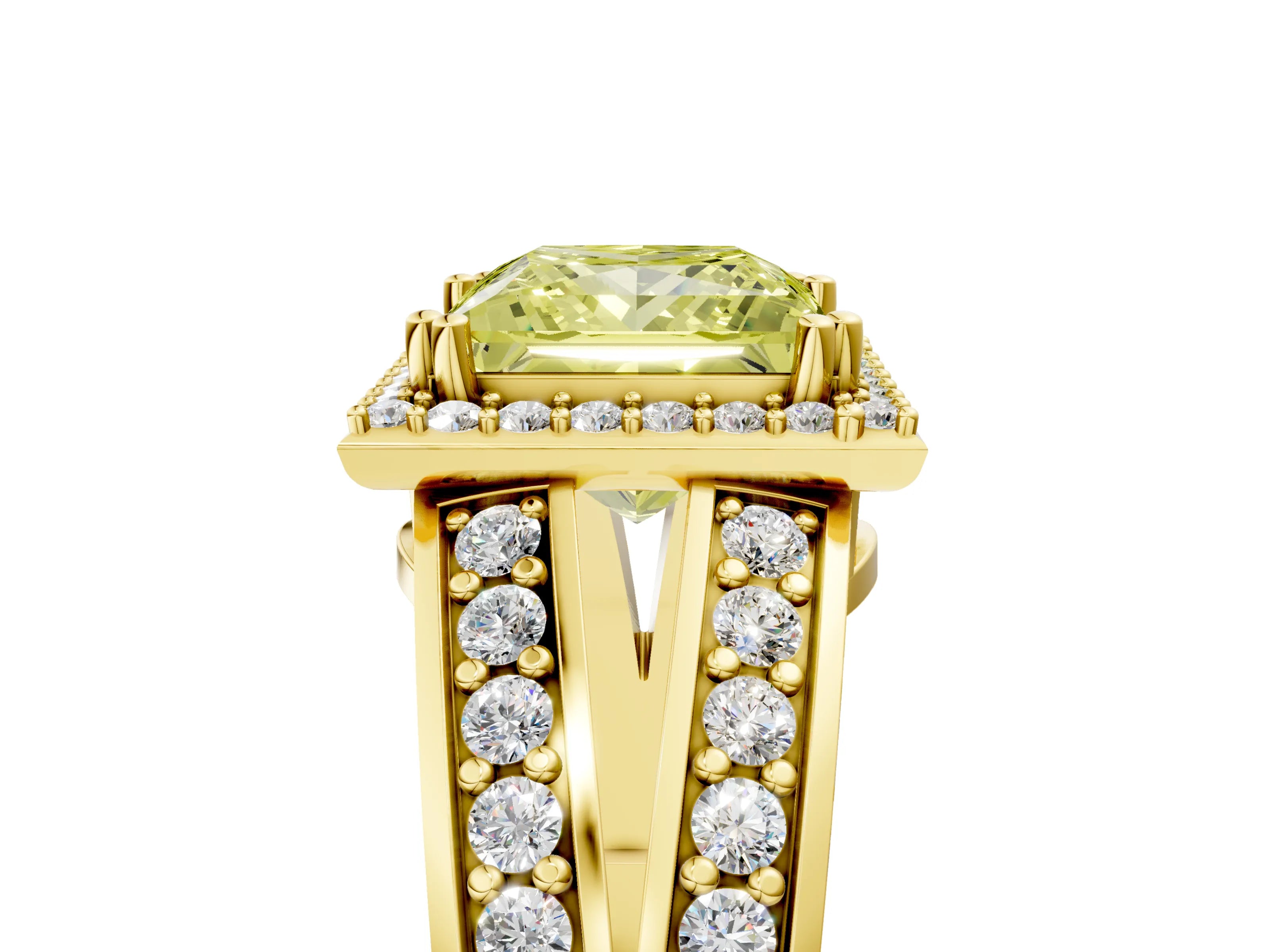 Yellow gold Fancy Yellow Princess Cut Diamond Halo Ring with Split Shank Pavé Band and Four-Prong Setting_5