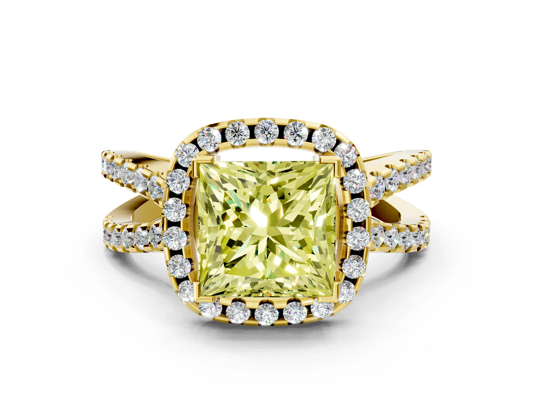 Yellow gold Fancy Yellow Princess Cut Diamond Halo Ring with Split Shank Pavé Band and Prong Setting