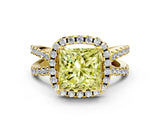 Yellow gold Fancy Yellow Princess Cut Diamond Halo Ring with Split Shank Pavé Band and Prong Setting