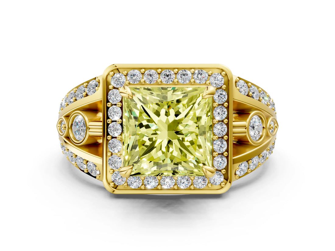 Yellow gold Fancy Yellow Princess Cut Diamond Halo Ring with Split Shank and Bezel Accents and Four-Prong Setting