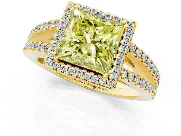 Yellow gold Fancy Yellow Princess Cut Diamond Halo Split Shank Engagement Ring