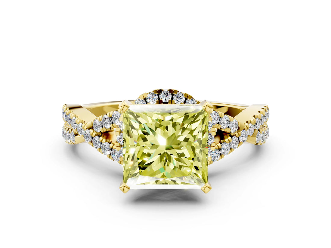 Yellow gold Fancy Yellow Princess Cut Diamond  Halo Twist Band Solitaire Prong Setting Ring_36