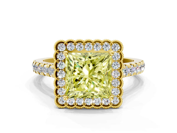 Yellow gold Fancy Yellow Princess  Cut Diamond Milgrain Floral Halo Engagement Ring with Pavé Band