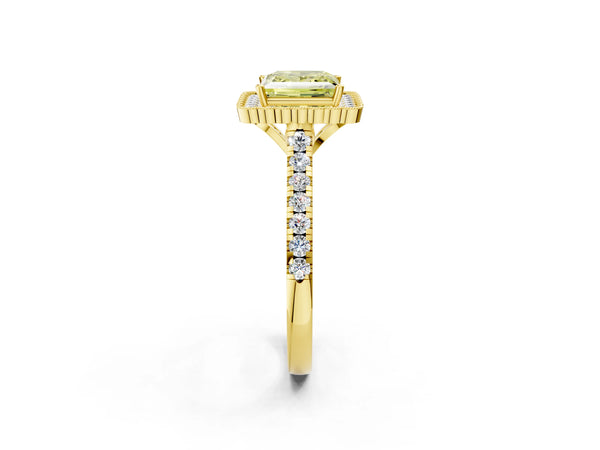 Yellow gold Fancy Yellow Princess  Cut Diamond Milgrain Floral Halo Engagement Ring with Pavé Band