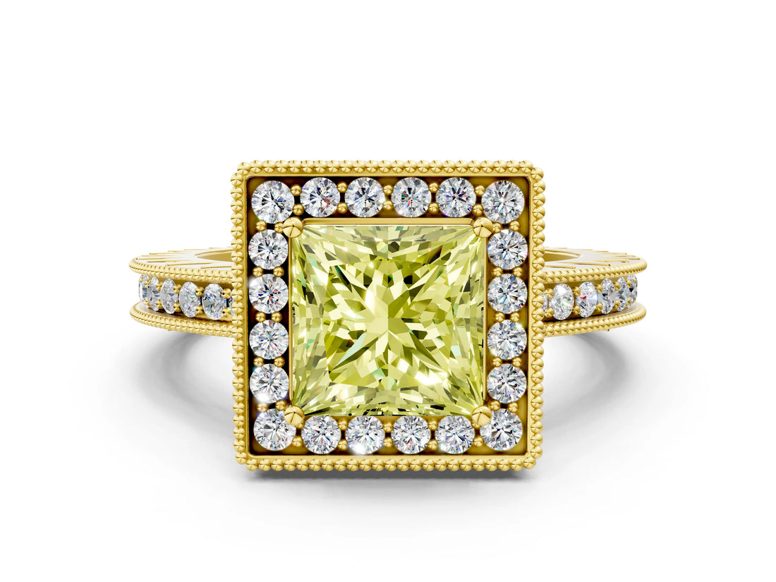 Yellow gold Fancy Yellow Princess Cut Diamond Milgrain Halo Engagement Ring with Round Pavé Band and Prong Setting_16