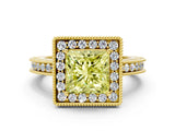 Yellow gold Fancy Yellow Princess Cut Diamond Milgrain Halo Engagement Ring with Round Pavé Band and Prong Setting_16