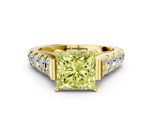 Yellow gold Fancy Yellow Princess Cut Diamond Classic Solitaire Ring with Pavé Band and Four-Prong Setting