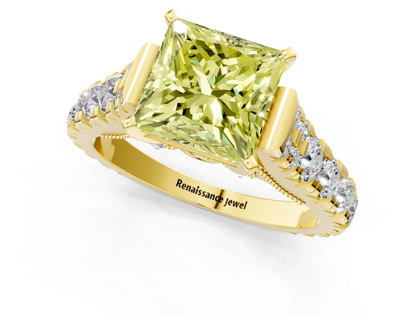 Yellow gold Fancy Yellow Princess Cut Diamond Classic Solitaire Ring with Pavé Band and Four-Prong Setting