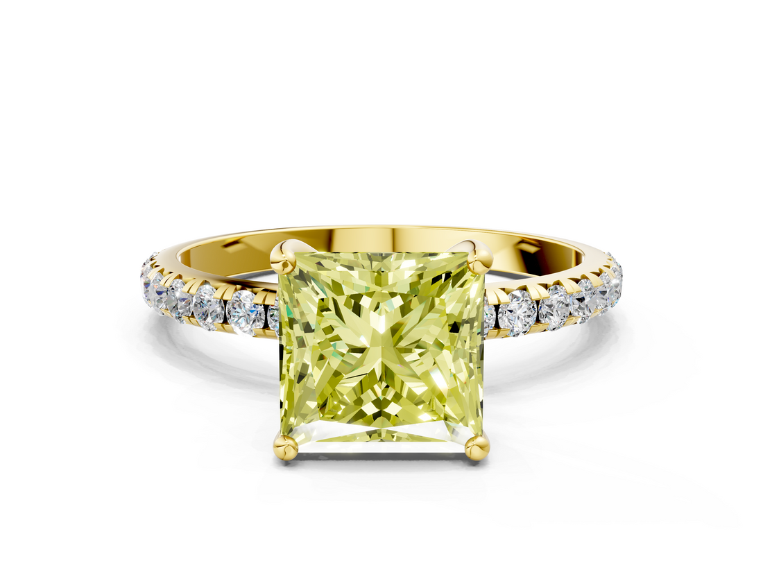 Yellow gold Fancy Yellow Princess  Cut Diamond Pavé Band Solitaire with Four-Prong Setting_3