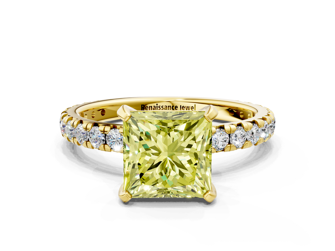 Yellow gold Fancy Yellow Princess  Cut Diamond Pavé Band with Four-Prong Setting