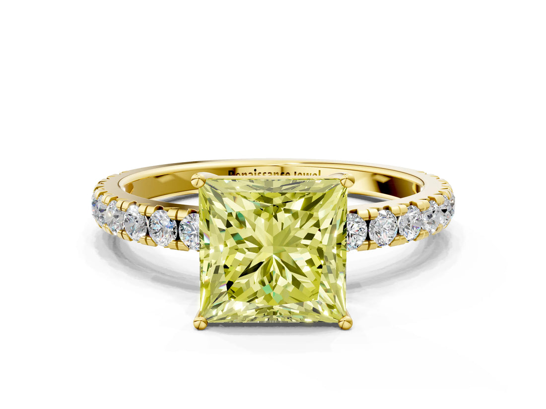 Yellow gold Fancy Yellow Princess Cut Diamond Pavé Solitaire Engagement Ring with Four-Prong Setting_18