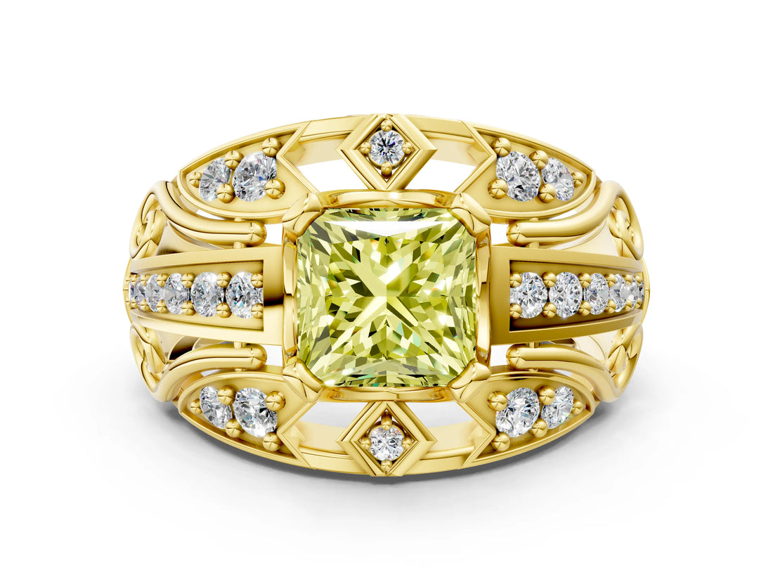Yellow gold Fancy Yellow Princess Cut Diamond Pave Art Deco Split Shank Ring with Four-Prong Setting