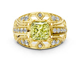 Yellow gold Fancy Yellow Princess Cut Diamond Pave Art Deco Split Shank Ring with Four-Prong Setting