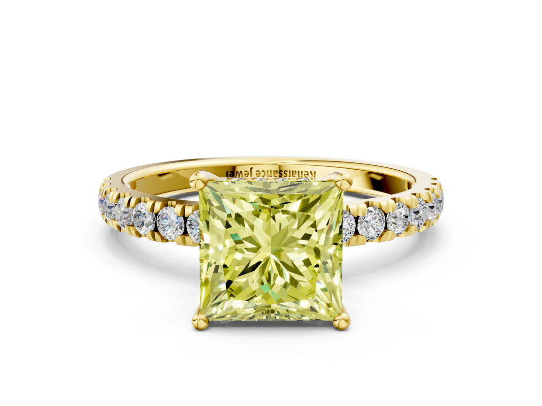 Yellow gold Fancy Yellow Princess Cut Diamond Pave Band Solitaire Ring with Four-Prong Setting_17