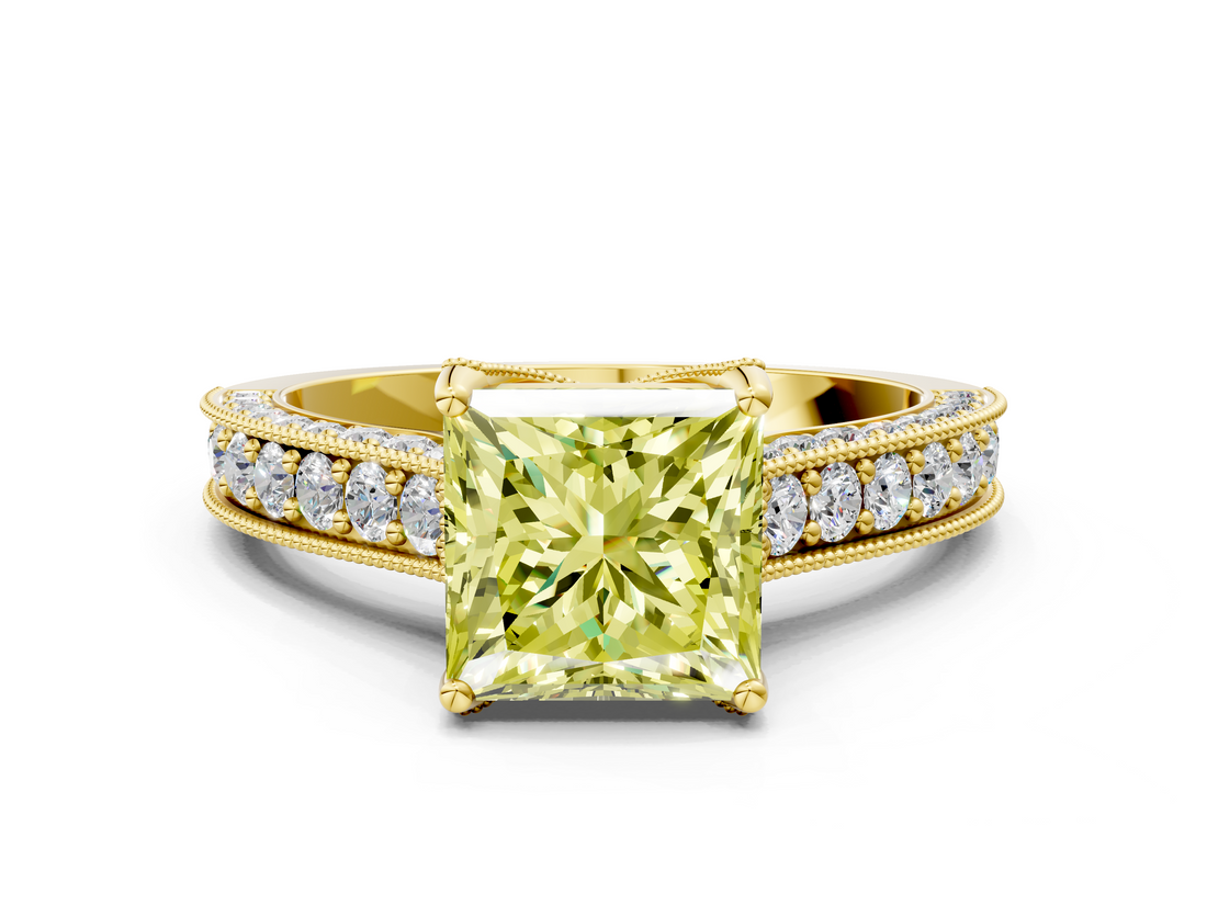 Yellow gold Fancy Yellow Princess  Cut Diamond Pave Band with Four-Prong Setting