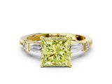 Yellow gold Fancy Yellow Princess  Cut Diamond Ring with Baguette Side Stones, Channel Set Band, and Four-Prong Setting