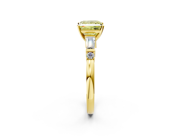 Yellow gold Fancy Yellow Princess  Cut Diamond Ring with Baguette Side Stones, Channel Set Band, and Four-Prong Setting