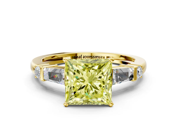 Yellow gold Fancy Yellow Princess  Cut Diamond Ring with Baguette Side Stones, Channel Set Band, and Four-Prong Setting