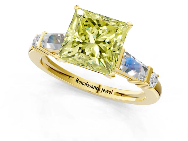 Yellow gold Fancy Yellow Princess  Cut Diamond Ring with Baguette Side Stones, Channel Set Band, and Four-Prong Setting