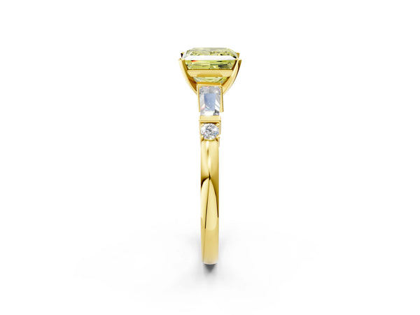 Yellow gold Fancy Yellow Princess  Cut Diamond Ring with Baguette Side Stones, Channel Set Band, and Four-Prong Setting