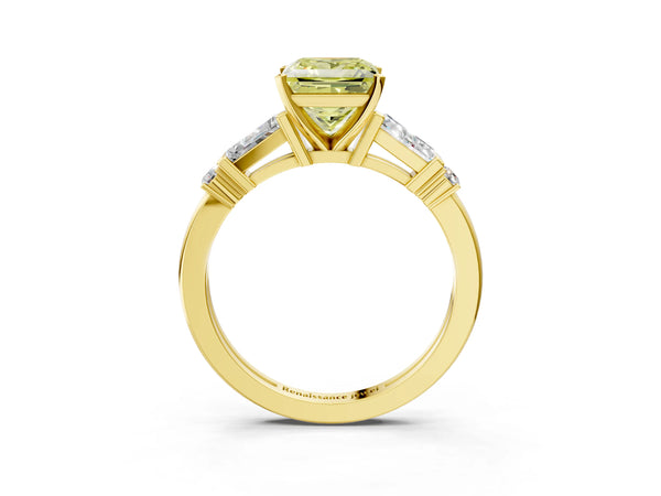 Yellow gold Fancy Yellow Princess  Cut Diamond Ring with Baguette Side Stones, Channel Set Band, and Four-Prong Setting