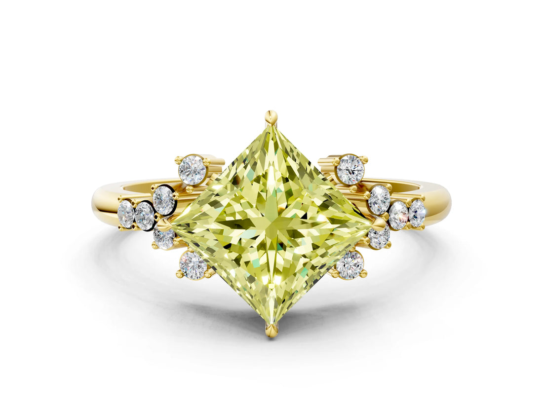 Yellow gold Fancy Yellow Princess Cut Diamond Ring with Side Stones and Four-Prong Setting_59