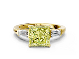 Yellow gold Fancy Yellow Princess  Cut Diamond Ring with Tapered Baguette Side Stones in Four-Prong Setting