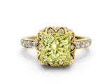 Yellow gold Fancy Yellow Princess Cut Diamond Scalloped Halo Engagement Ring with Round Shared Prong Band_12