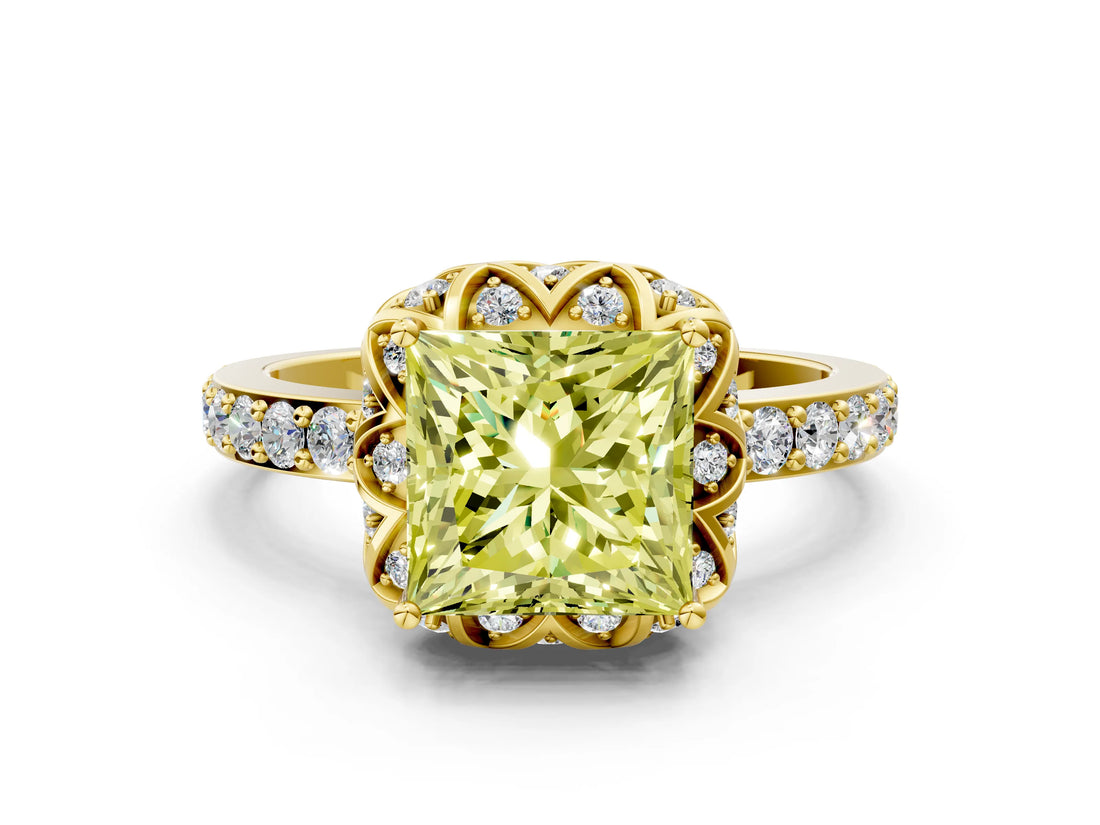 Yellow gold Fancy Yellow Princess Cut Diamond Scalloped Halo Engagement Ring with Round Shared Prong Band_24