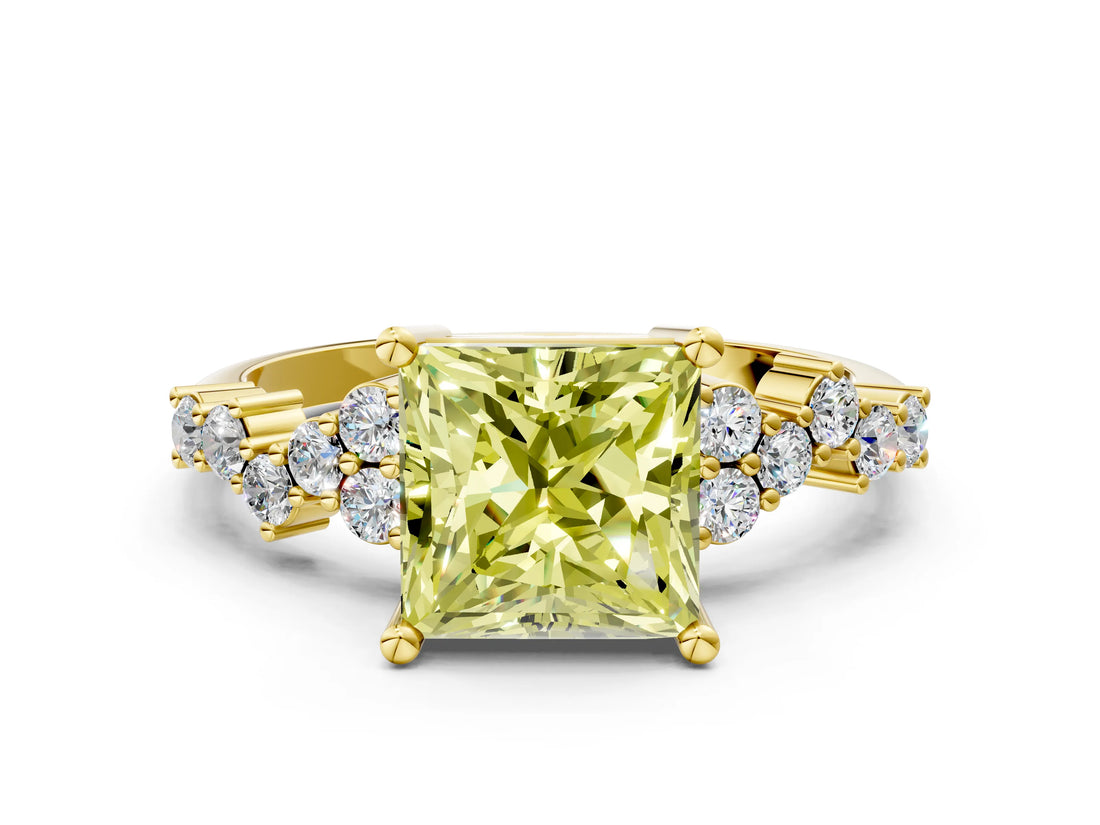 Yellow gold Fancy Yellow Princess Cut Diamond Scattered Round Accent Ring with Prong Setting_12