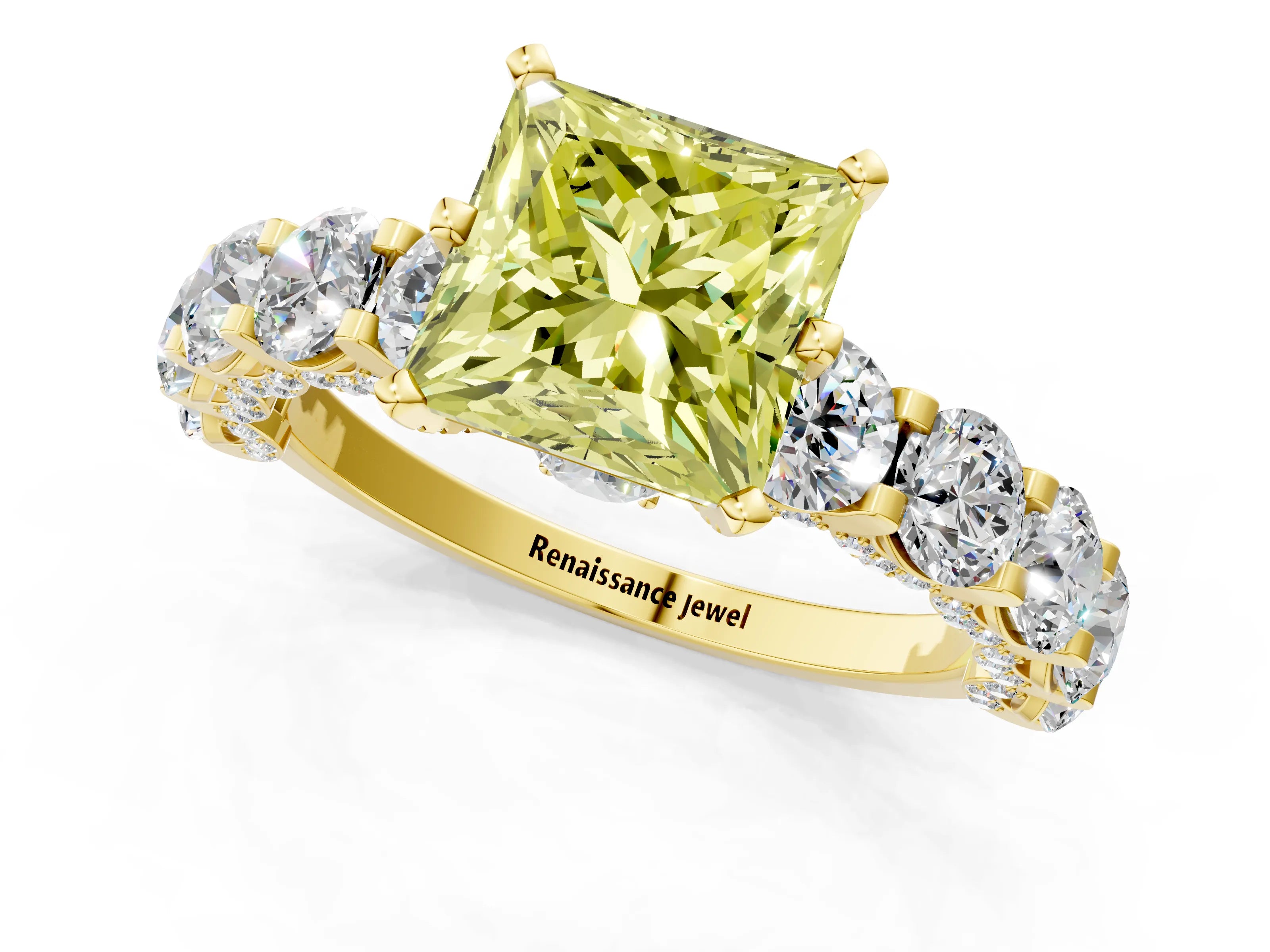Yellow gold Fancy Yellow Princess Cut Diamond Side Stone Engagement Ring with Four-Prong Setting_25